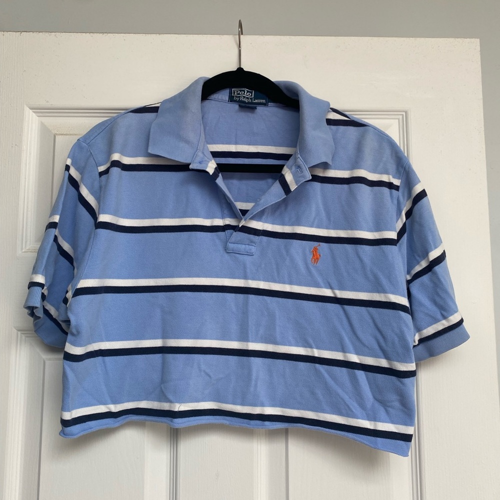 Ralph Lauren Light Blue Cropped Polo with White and Navy stripes
